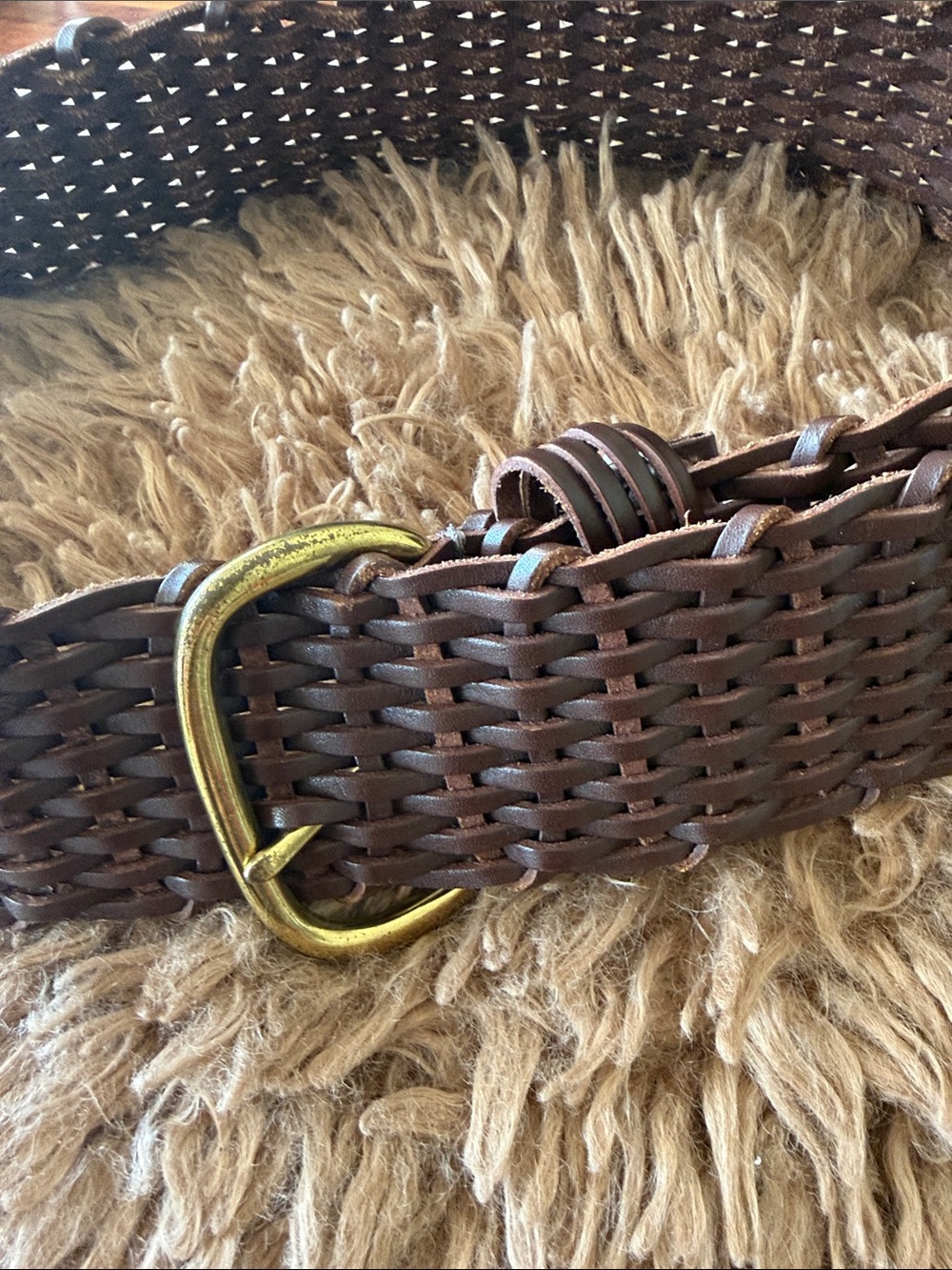 Talbots Brown Woven Leather Belt with Brass Buckle